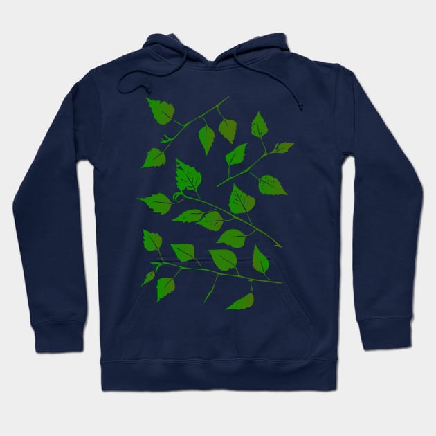 Birch Tree Leaf and Stem Forest Pattern (on navy) Hoodie by Davey's Designs